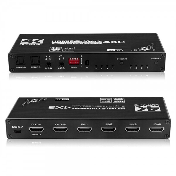 4X2 HDMI Matrix Switch Splitter 4K 60Hz with Toslink Spdif Audio out 4 in 2 out