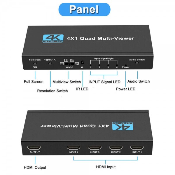 4X1 HDMI Multi-viewer 4 Screen Splitter Seamless Switch 1080p 
