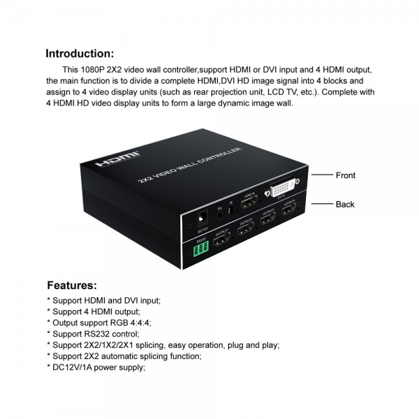 Επαγγελματικό 4 Channel Video Wall Controller Processor 2x2 4 TV Splicing Display Kit