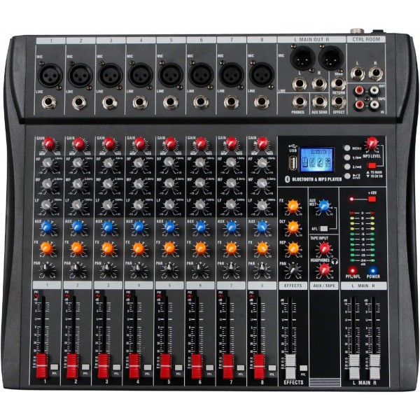 8 Channel Audio Mixer Console 48V Phantom w USB Bluetooth 