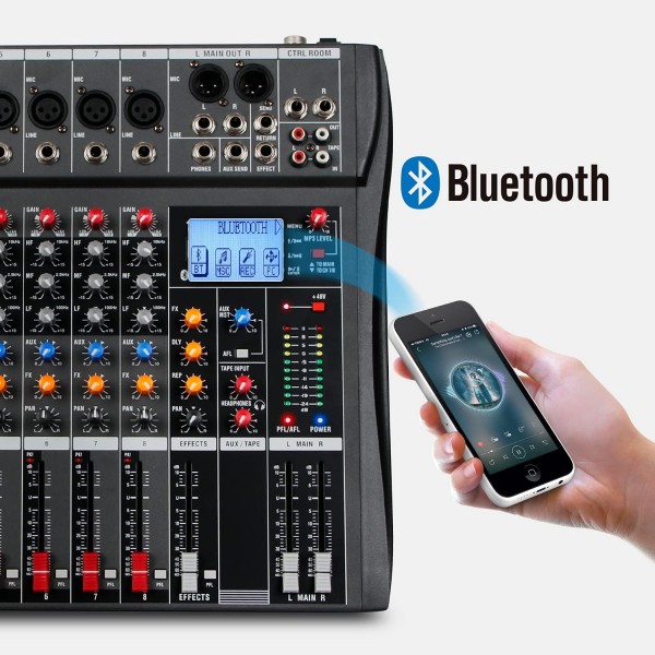 8 Channel Audio Mixer Console 48V Phantom w USB Bluetooth 