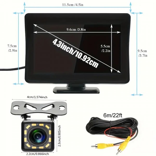 LCD Monitor με Κάμερα 12 Led Βραδινής Λήψης με Καλώδια RCA 12V
