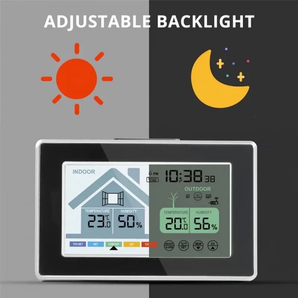 Ασύρματο Θερμόμετρο Υγρασιόμετρο Εσωτερικού Εξωτερικού Χώρου με Ρολόι Φωτισμού