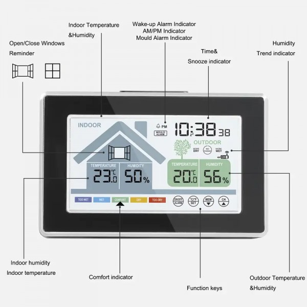 Ασύρματο Θερμόμετρο Υγρασιόμετρο Εσωτερικού Εξωτερικού Χώρου με Ρολόι Φωτισμού