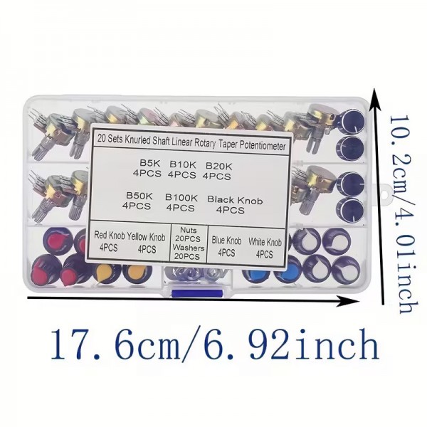 Σετ Ποτενσιόμετρα B5K, 10K, 20K, 50K 100K με 20 Καπάκια σε Κουτί