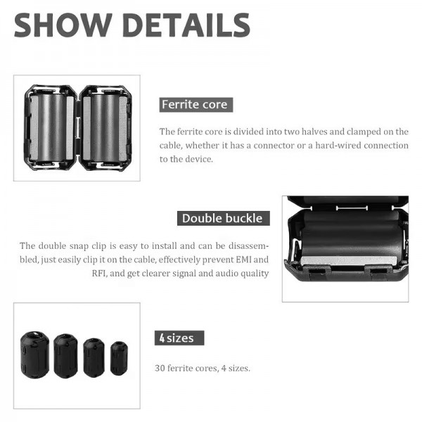 30 τεμ Φερρίτες κουμπωτοί καλωδίων Snap-in Anti-interference σε Κουτί