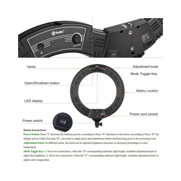 Σετ φωτιστικού Ring LED Tolifo 430 SMD τεχνολογίας με βάση τηλεφώνου καθρέφτη κ τρίποδα  (Bi Color 48W - 4800 LM - Battery & AC Type)