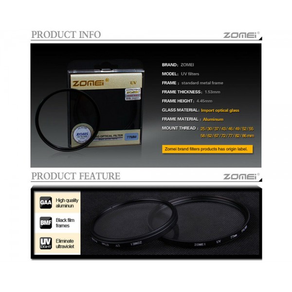 49mm Original Zomei UV Filter HD Multi-Coated Camera Lens Protector
