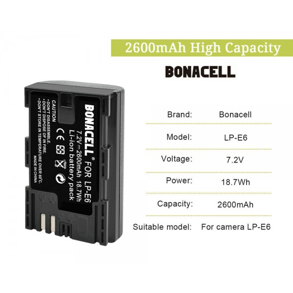 2600mAh BONACELL LP-E6 Li-ion Battery for EOS 5D Mark II III 7D 60D 80D S5A4