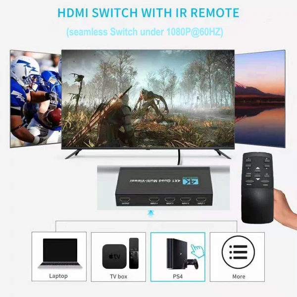 4X1 HDMI Multi-viewer 4 Screen Splitter Seamless Switch 1080p 