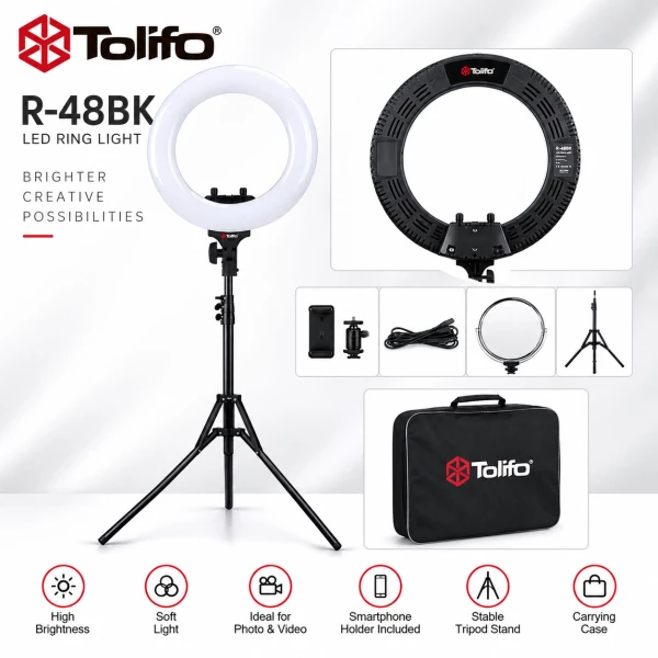 Σετ φωτιστικού Ring LED Tolifo 430 SMD τεχνολογίας με βάση τηλεφώνου καθρέφτη κ τρίποδα  (Bi Color 48W - 4800 LM - Battery & AC Type)