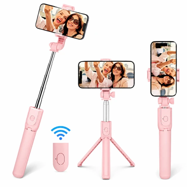 Τηλεσκοπικό Selfie Stick 3 σε 1 με Τρίποδο Bluetooth Τηλεχειριστήριο Περιστροφή 360° - Ροζ