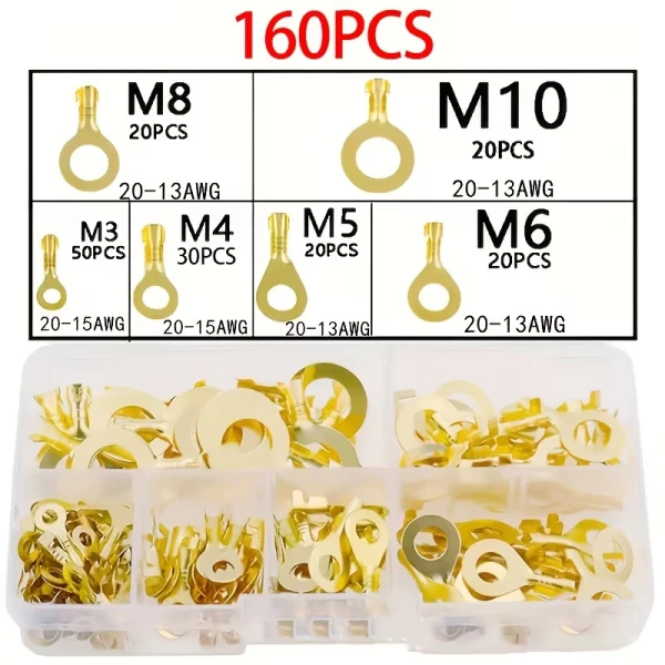 160pcs Golden Ring Crimping Terminal, O-shaped Round Brass Electrical Connector
