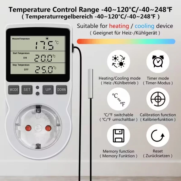 Ψηφιακή Πρίζα Ελέγχου Θερμοκρασίας με Αισθητήρα Θερμοστάτη Θέρμανση Ψύξη