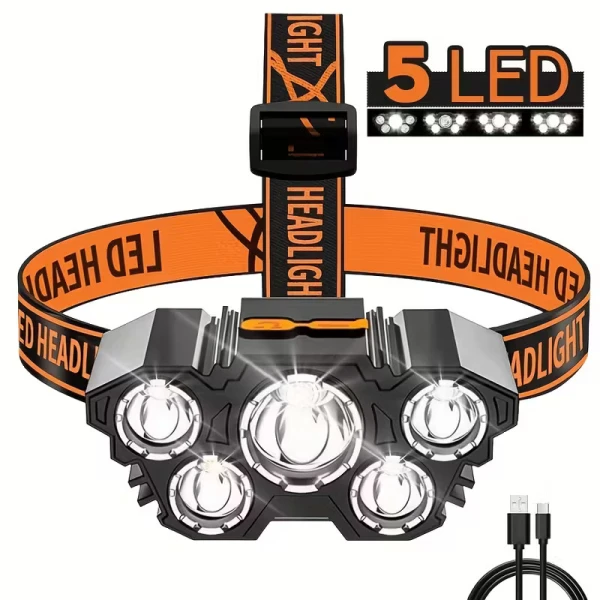 Φορητός Φακός Κεφαλής 5 LED με Γρήγορη Φόρτιση USB Πολλαπλές Λειτουργίες